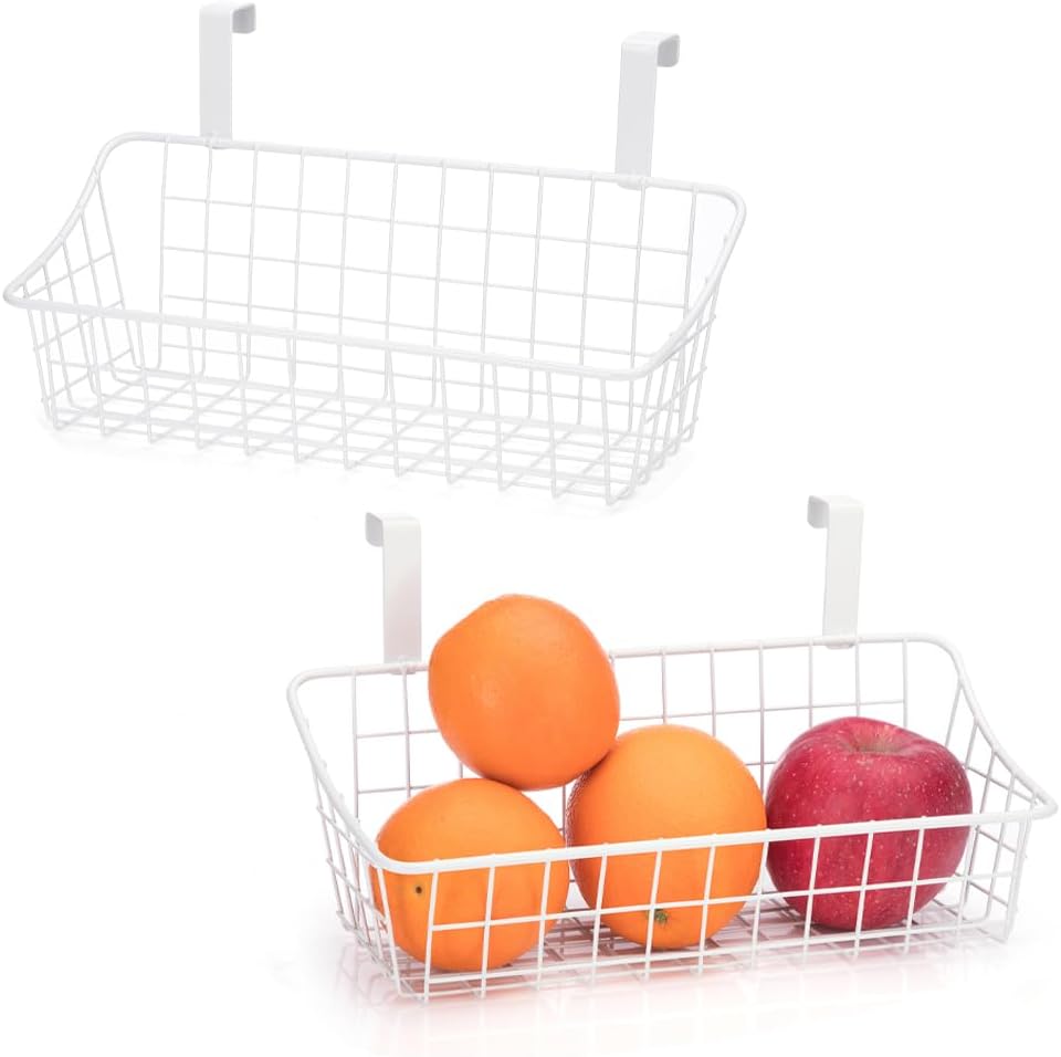 LeleCAT White Basket with hook Grid Storage Basket, Hang it behind a door or on a railing,Over the Cabinet Door,1 Pack