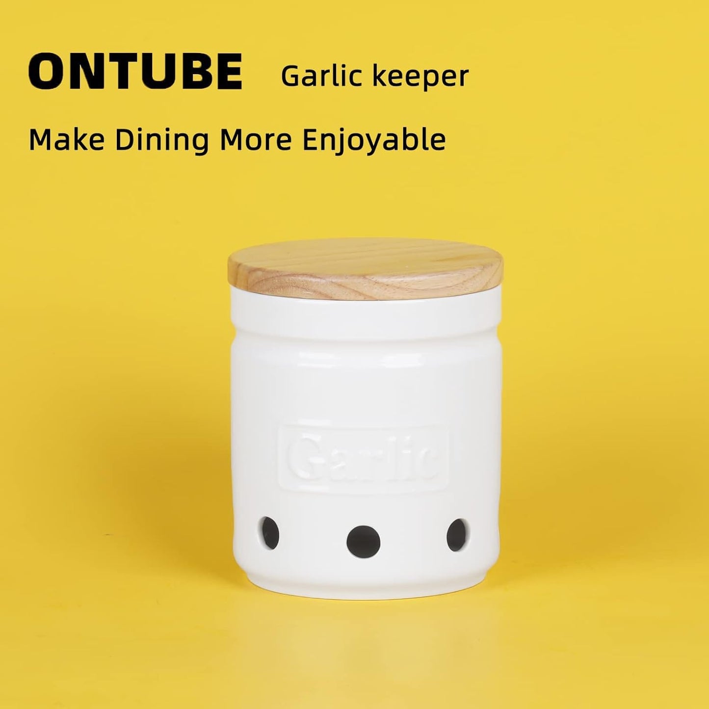 Large Garlic Keeper with Wooden Lid, Ceramic Garlic Holder Storage, Garlic Container for Kitchen, Garlic Saver to Keep Your Garlic Cloves Fresh Longer 4.5-Inch, White