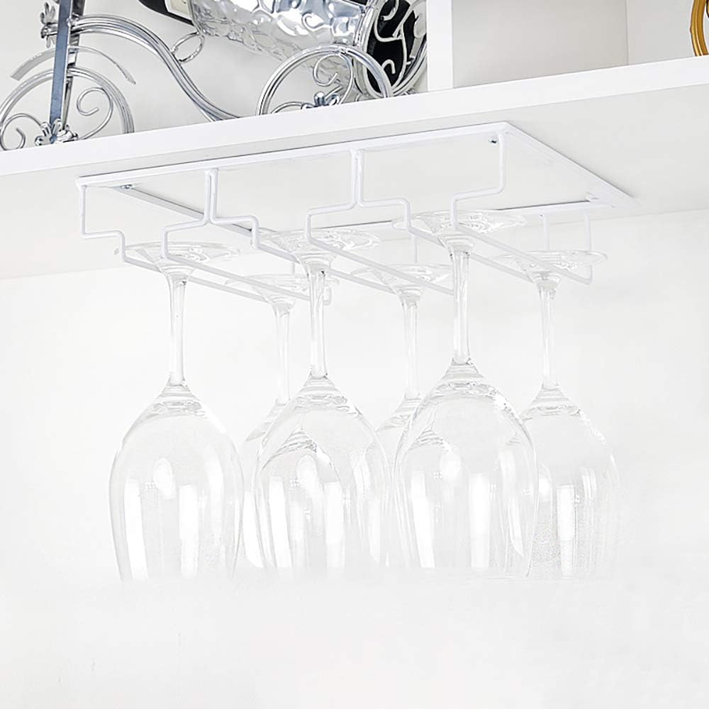 Wine Glass Rack - Under Cabinet Stemware Wine Glass Holder Glasses Storage Hanger Metal Organizer for Bar Kitchen White