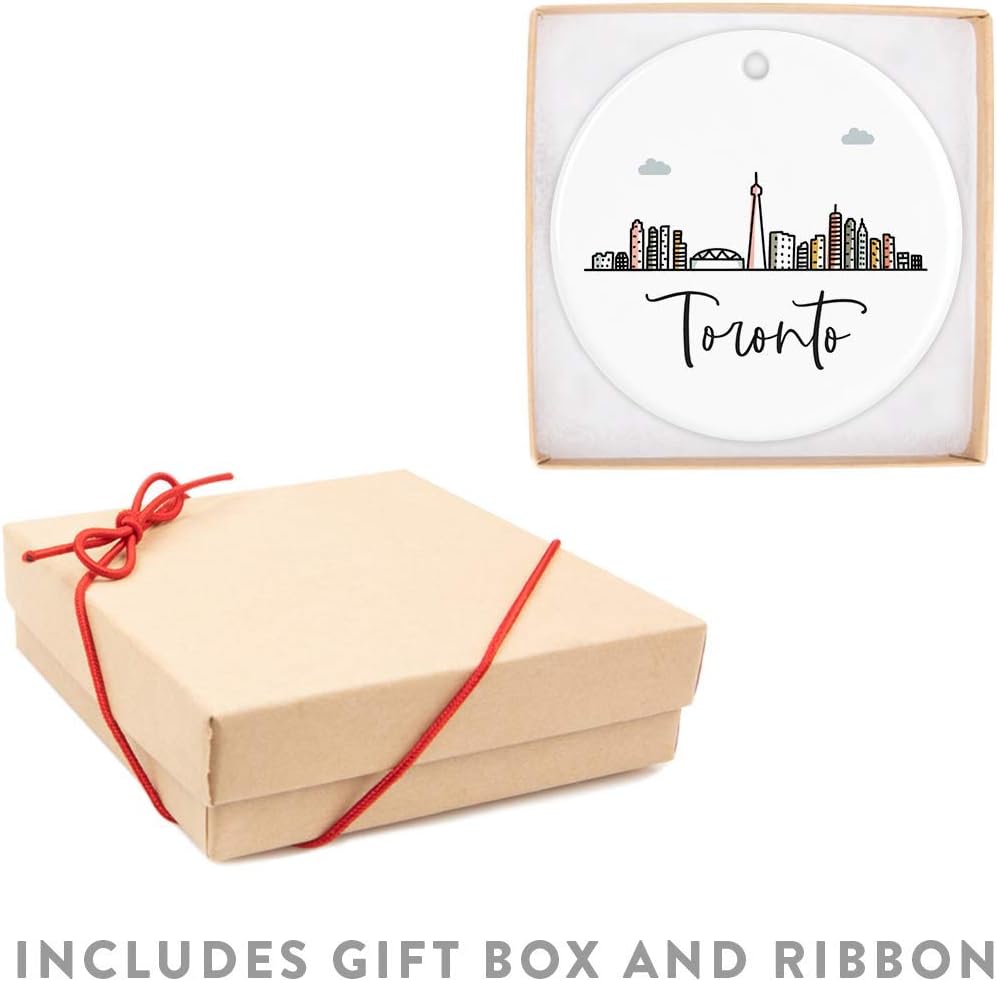 Andaz Press Round Ceramic Porcelain Christmas Tree Ornament Keepsake Gift, Toronto, Colorful International City Skyline Graphic, 1-Pack, Birthday Ideas Family Coworker Him Her, Gift Box