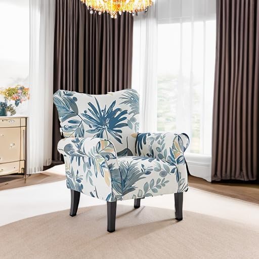 BELLEZE Modern Accent Chair for Living Room, High Back Floral Armchair w/Wooden Legs, Upholstered Wingback Side Chair Padded Armrest Single Sofa for Living Room, Bedroom - Allston (Green Blue Floral)