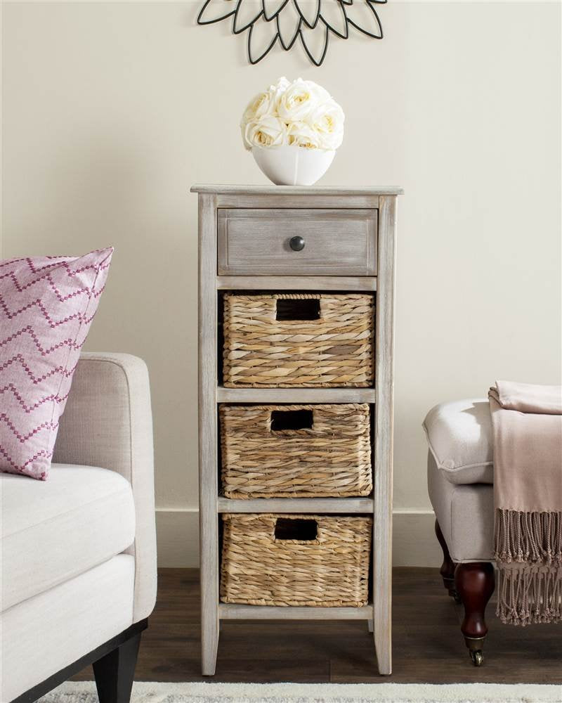 SAFAVIEH Furniture - Michaela 1-Drawer Storage Unit - White Washed - Solid Wood - Farmhouse Basket