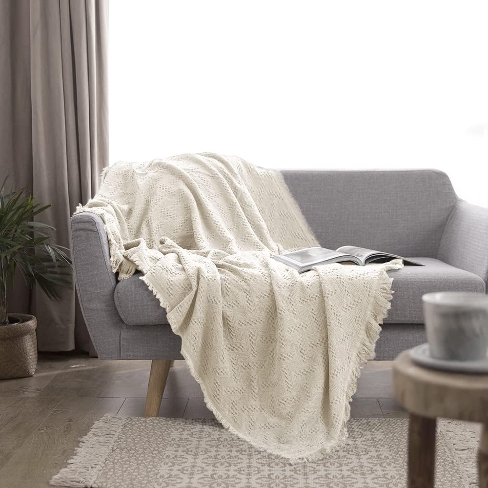 Simple&Opulence 100% Cotton Throw Blanket for Bed, Couch, Boho Luxury Geometric Knit Woven Blanket with Tassels Soft Lightweight Cozy Breathable, Vintage Farmhouse Decoration for All-Season(White)