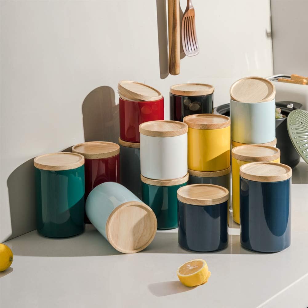 Sweejar Kitchen Canisters Ceramic Food Storage Jar, Stackable Containers with Airtight Seal Wooden Lid for Serving Ground Coffee, Tea, Sugar, Salt and More - 28 Fl Oz (Red)