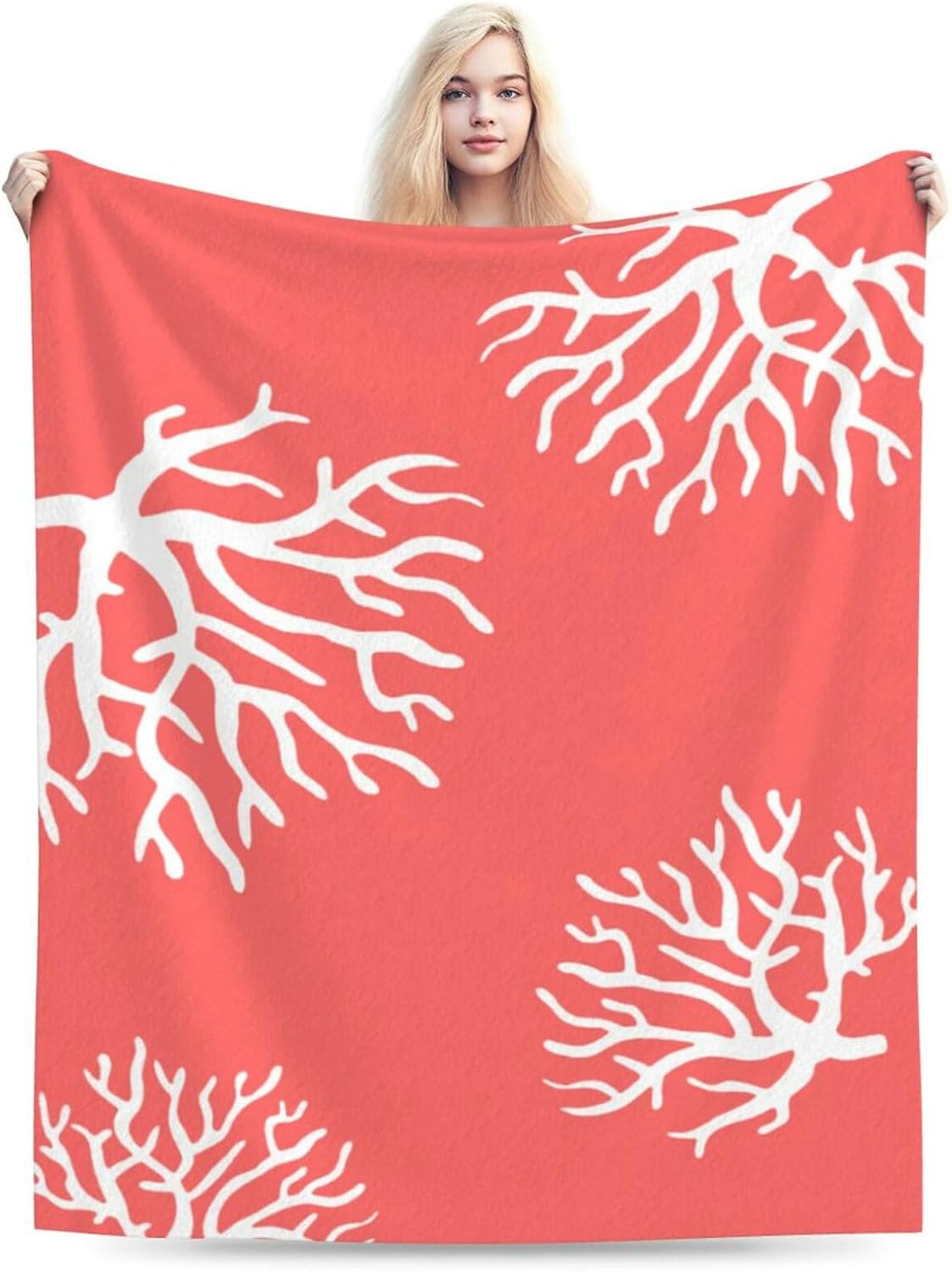 HGOD DESIGNS Beach Coral Fleece Throw Blanket Soft Cozy Coral Fuzzy Blanket Caring for Women & Adults Ocean Coral Pink Branch Reef Nature Red White Plush Microfiber Blanket 50"x60"