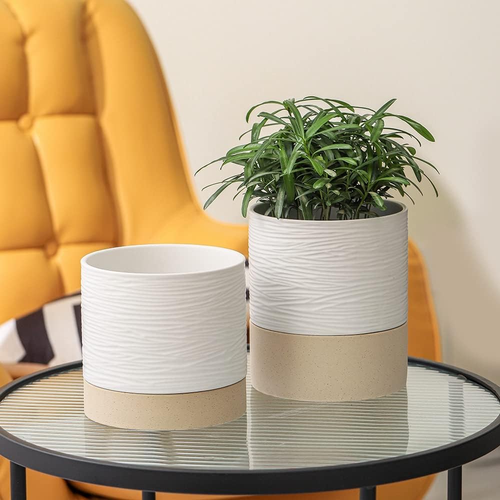 Nihow Ceramic Plant Pot: 6 Inch Planter with Drainage Hole & Saucer for Indoor & Outdoor Plants - Cylinder Round Flower Pot for Succulent/Herbs/Violets - White & Brown