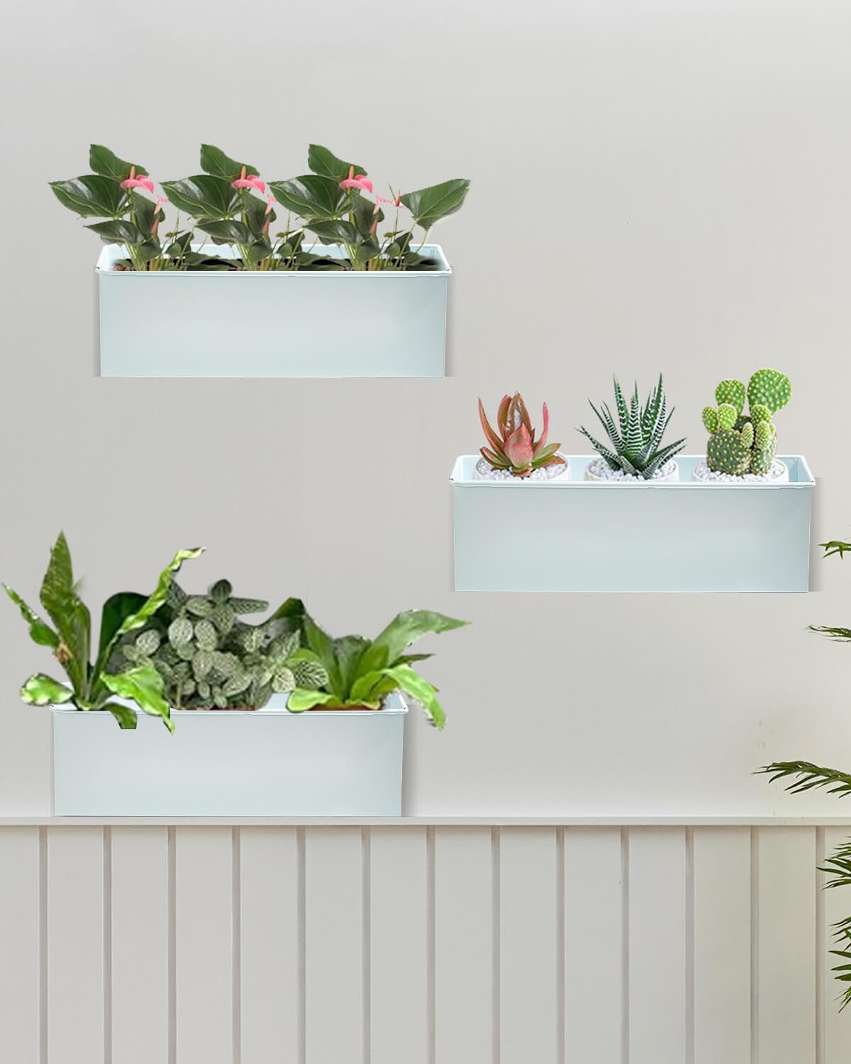 vensovo Metal Wall Hanging Planter Boxes – 12" Rectangle Flower Pots, 3 Pack with Drainage, Durable Galvanized Finish for Indoor Outdoor Balcony Fence Windowsill, White