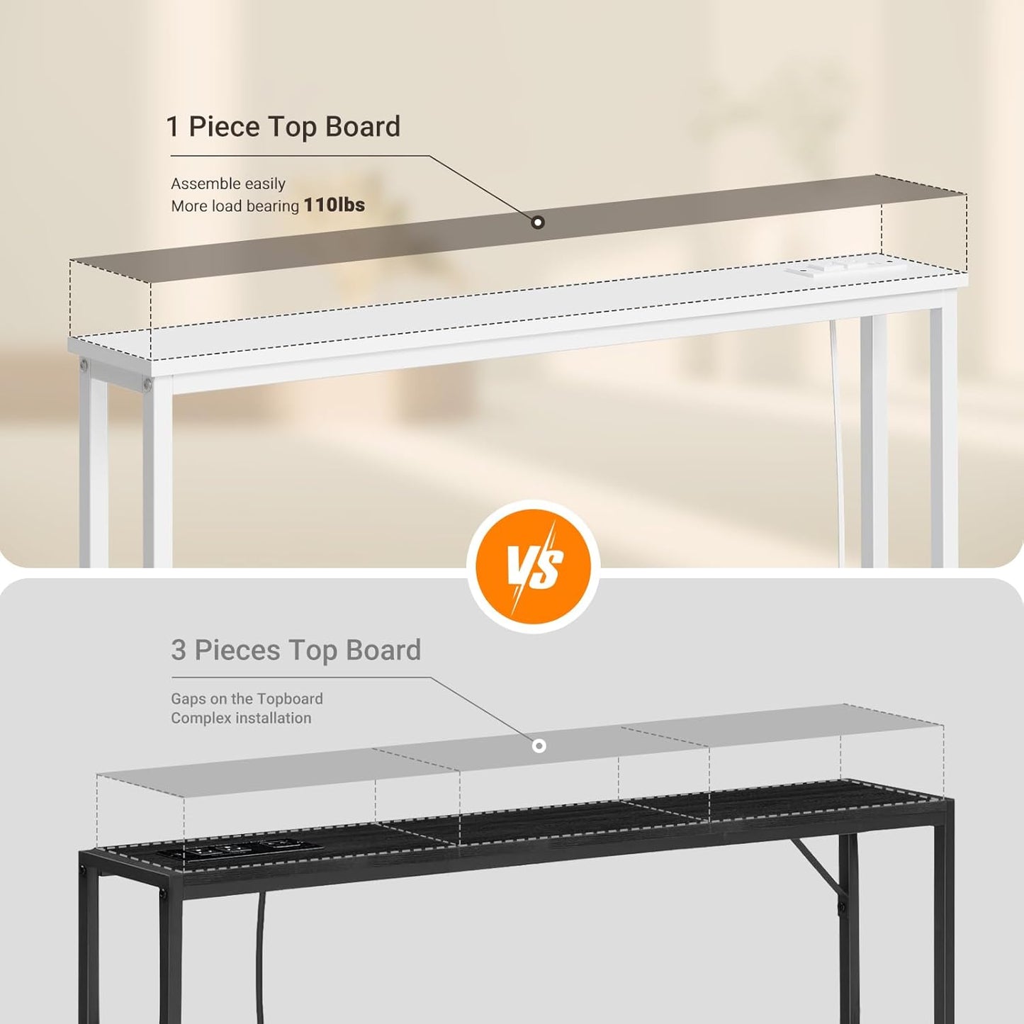 ELYKEN 2 Pack 5.9" Narrow Console Sofa Table with Power Outlets, 5.9" Dx39.4 Wx31.1 H Long Couch Table with Metal Frame and Charge Station with 6.5’ Extension Cord, White