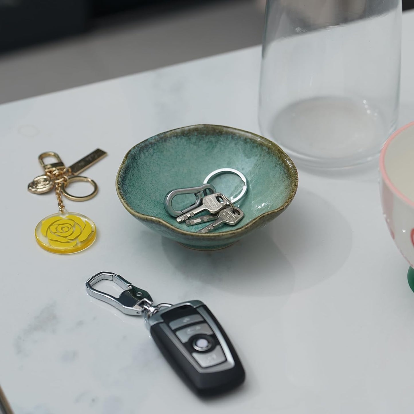 4.72" Small Decorative Bowl, Ceramic Green Key Bowls for Entryway Table, Jewelry Dish, Trinket Holder, Offering Bowl, Potpourri Bowl, Vintage Home Decor with Unique Irregular Rim