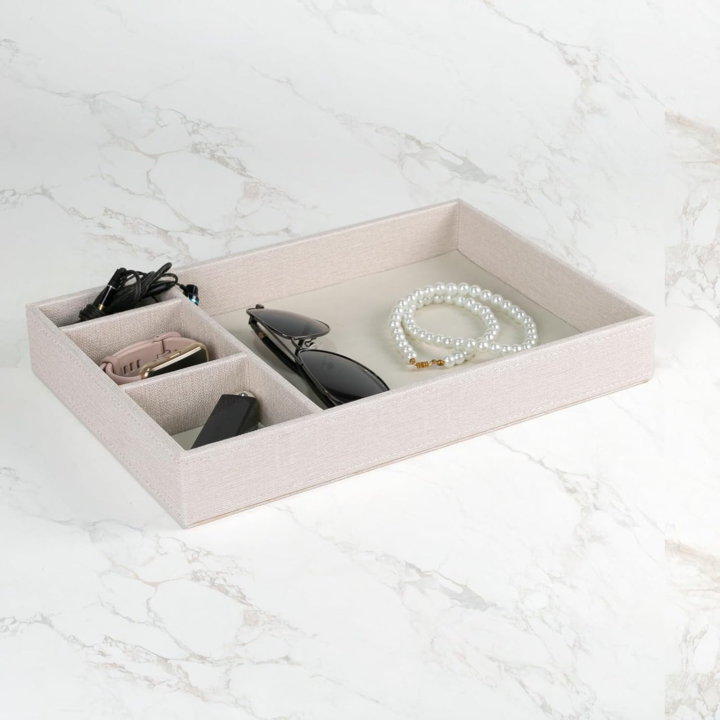 Desktop Storage Organizer, Nightstand or Dresser Organizer, Valet Tray, Entry Table Organizer, 4 Compartments,PU Leather Drawer Storage Organizer Decorative Trays. (Pearl White—2)