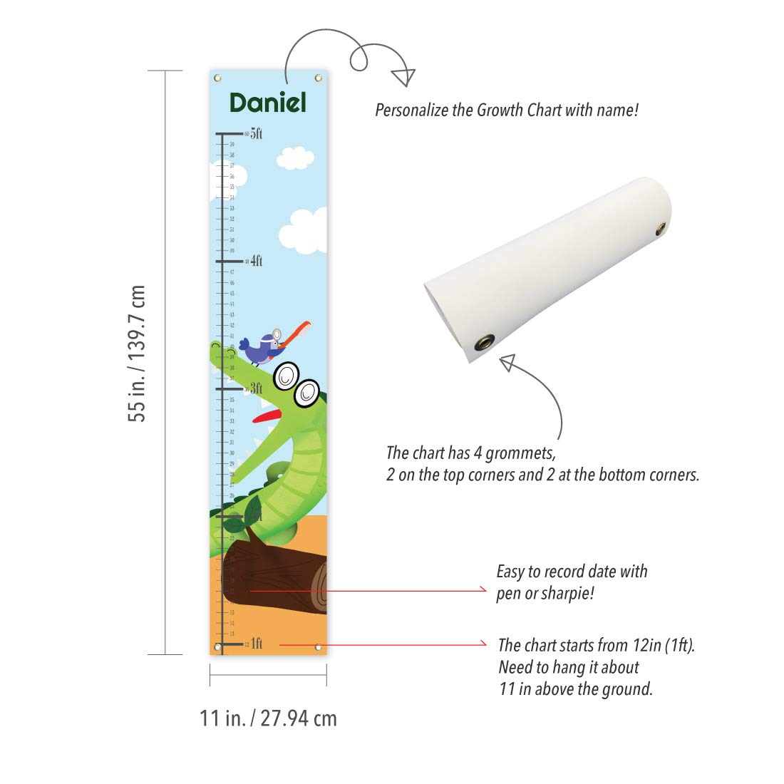 Personalized Kids Canvas Growth Chart, Height Chart, Growth Chart Banner, Crocodile