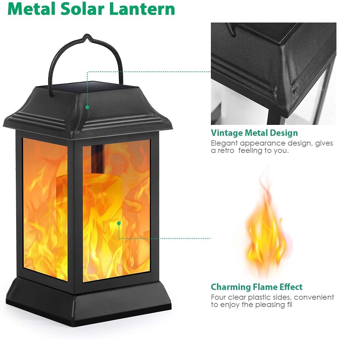 TomCare Solar Lights Metal Flickering Flame Solar Lantern Outdoor Hanging Lanterns Decorative Lighting Heavy Duty Solar Powered Waterproof Umbrella Lighting for Garden Yard Patio Deck, 2 Pack(Black)