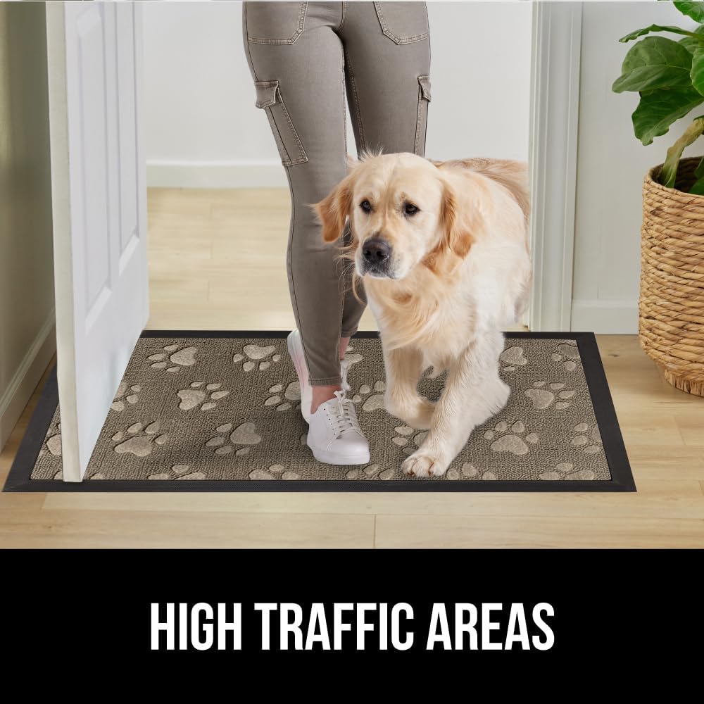 GORILLA GRIP 100% Waterproof All-Season WeatherMax Doormat US Designed Natural Rubber, Stain and Fade Resistant, Low Profile Indoor Outdoor Door Mats, Easy Clean Patio Mat, 17x29, Tan Pawprints