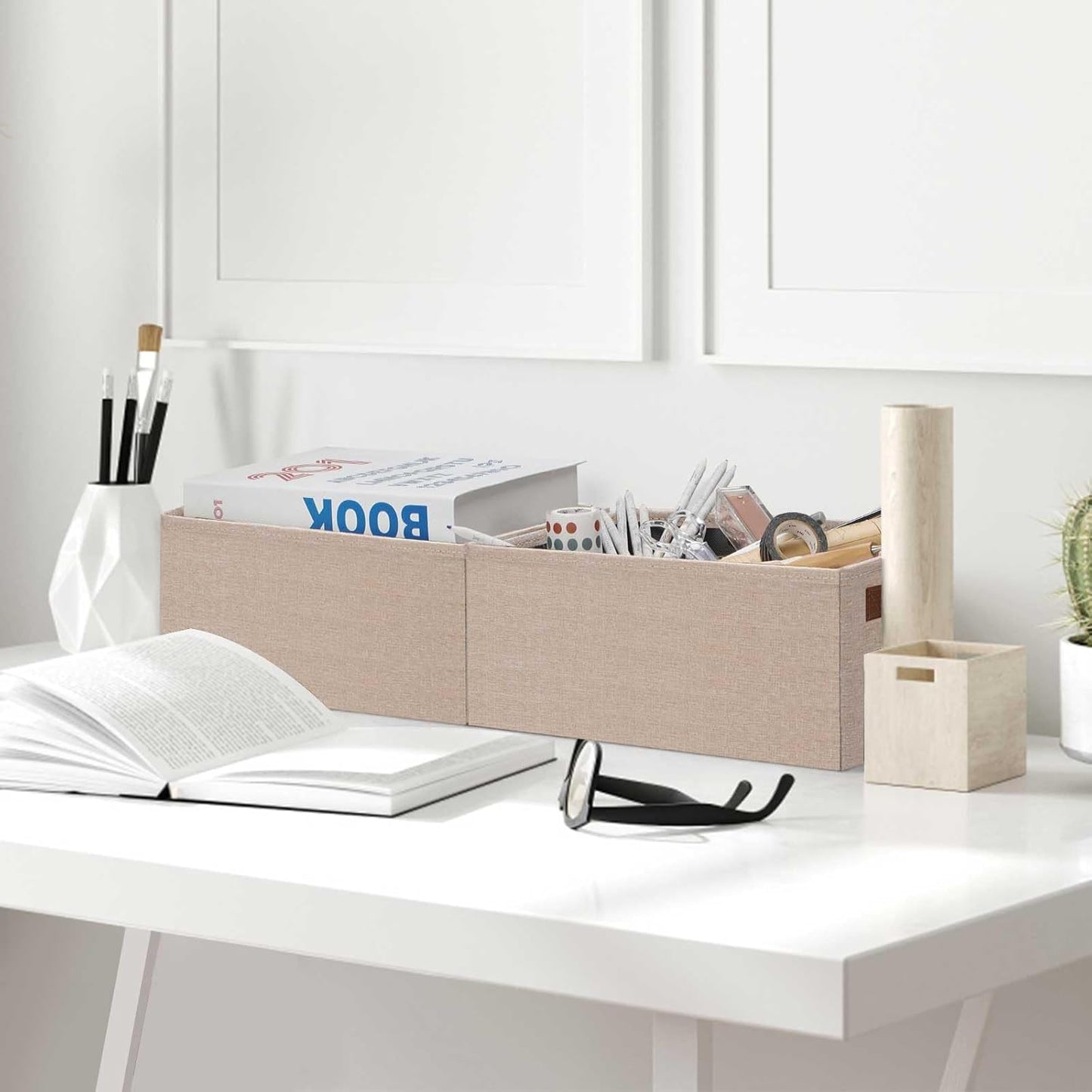 GhvyenntteS Small Fabric Storage Bins 12 Pack, 11.8" x 7.87" x 5.11" Storage Basket with Leather Handles, Closet Storage Bins for Shelves, Storage Baskets for Shelves, DVD Storage (Beige Yellow)