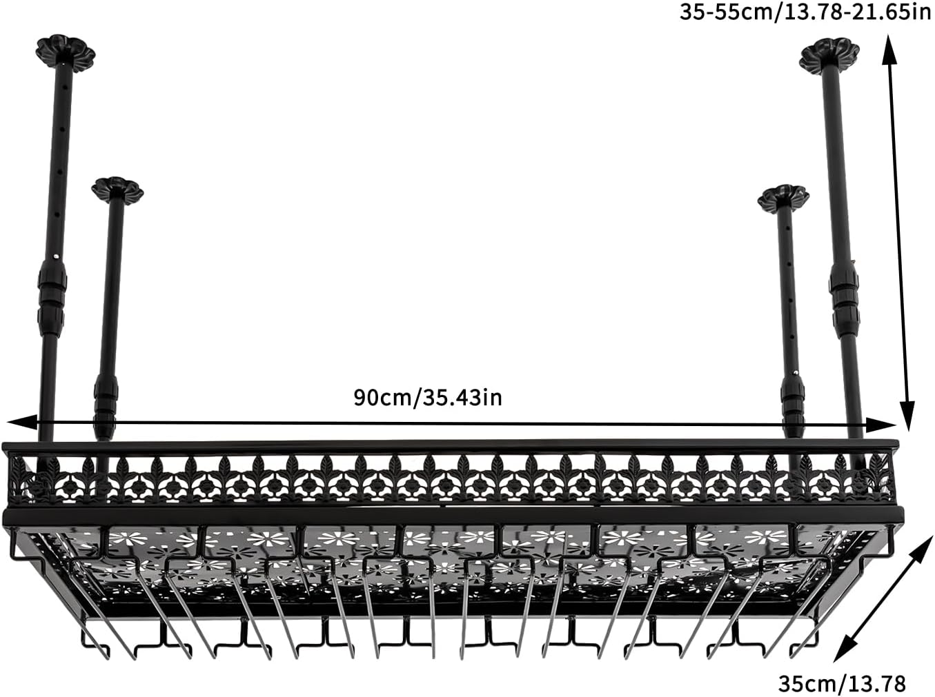 Hanging Wine Rack with Glass Holder, Ceiling Wine Glass Rack 13.78-21.65 inch Height Adjustable Industrial Hanging Wine Rack Ceiling Mounted Metal Wine Shelf Holder for Bar Cafe Kitchen (black)