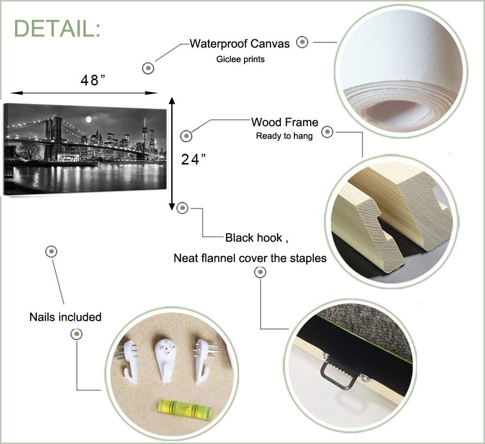 LevvArts - Black and White New York Picture Brooklyn Bridge Canvas Wall Art Full Moon Night Manhattan City Poster Canvas Print Framed Gallery Wrapped Modern Home Office Decoration