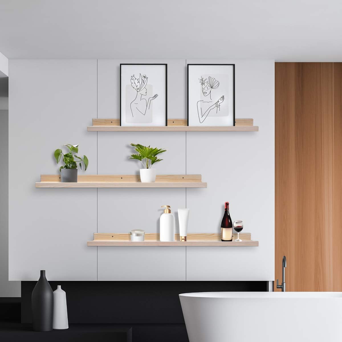 AZSKY 36 Inch Picture Ledge Shelf Solid Wood Large Floating Shelves Wall Mounted Rustic Natural Shelves for Home, Living Room, Bedroom, Bathroom, Office 3 Same Sizes
