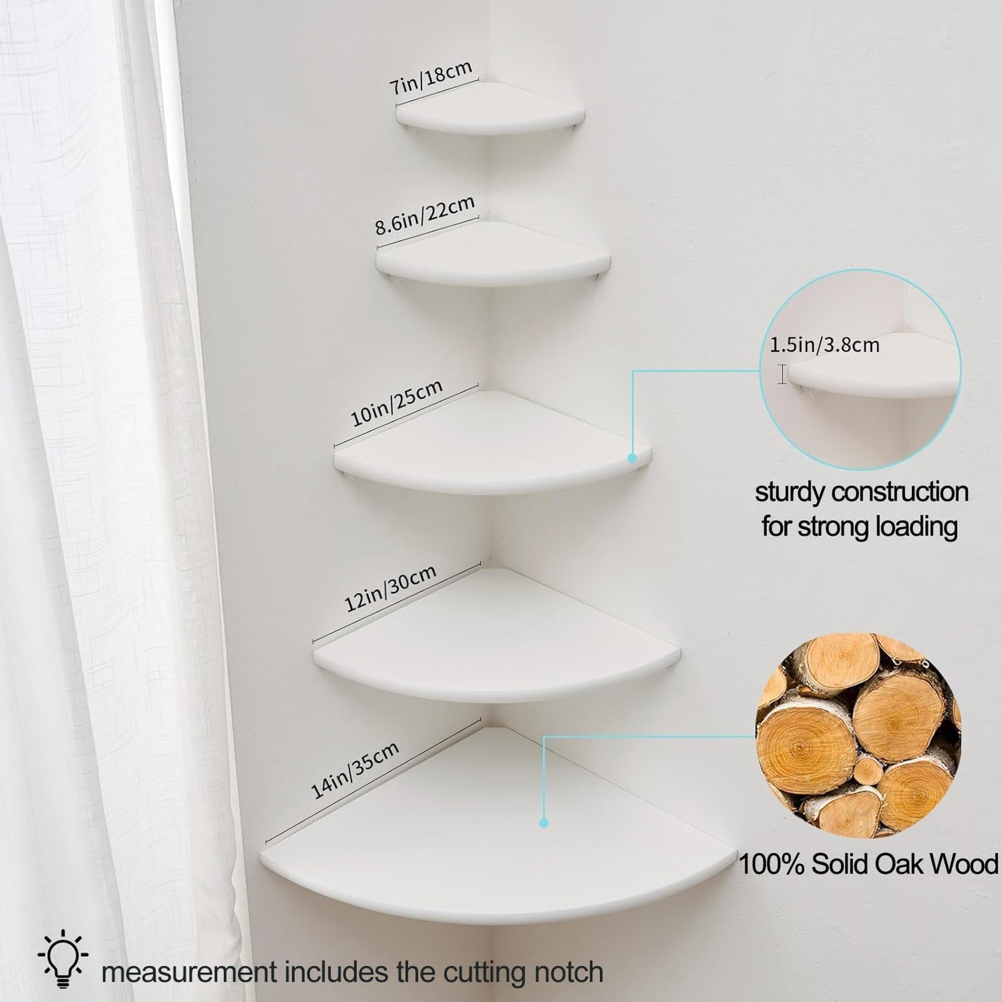 Corner Shelf, Solid Oak Wood Floating Corner Shelf Wall Mount Round End Floating Speaker with Wire Hole for Small Plant Photo for Bedroom Kitchen, Living Room White