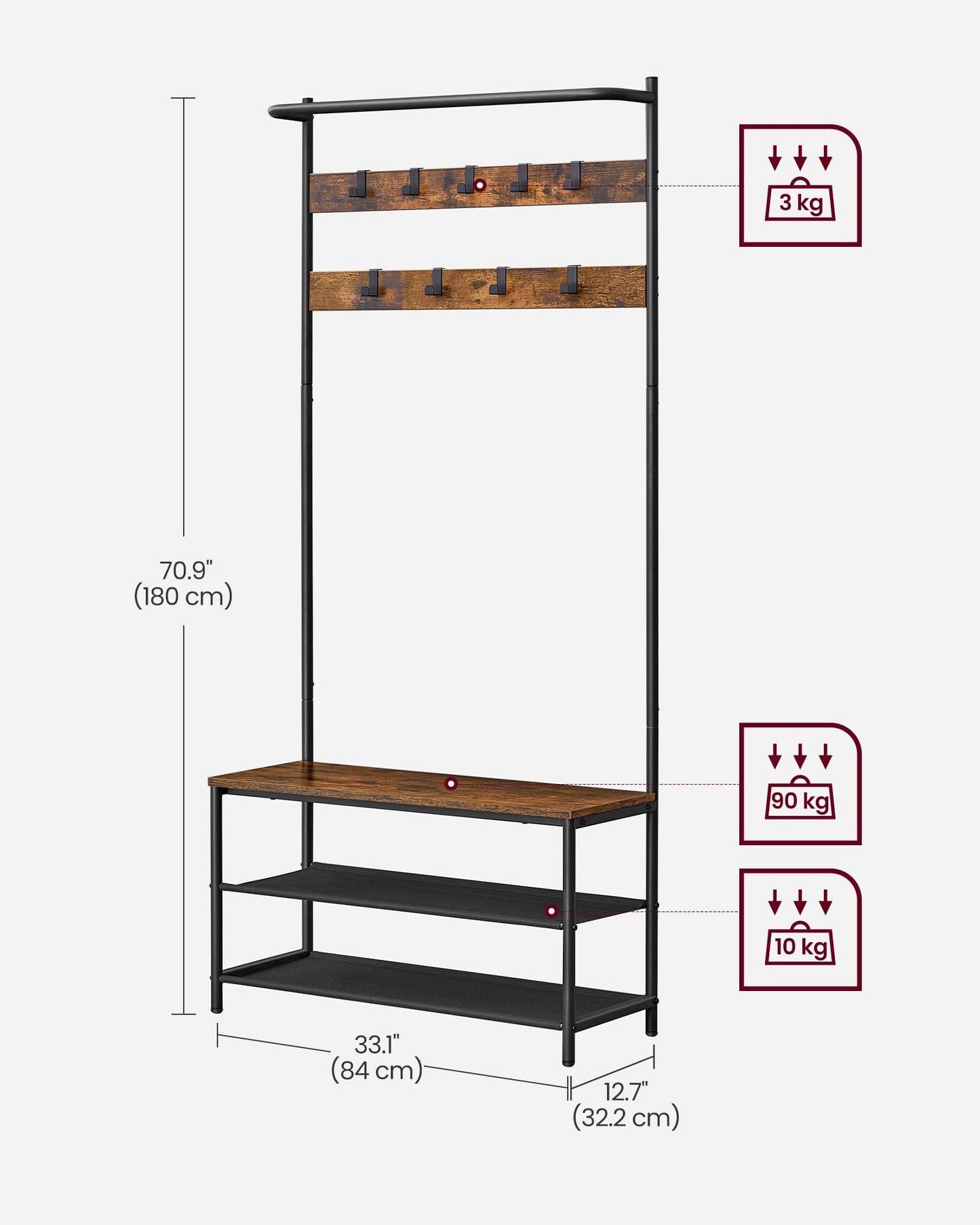 VASAGLE Hall Tree with Bench and Shoe Storage, Entryway Bench with Coat Rack Stand and Shoe Rack, 9