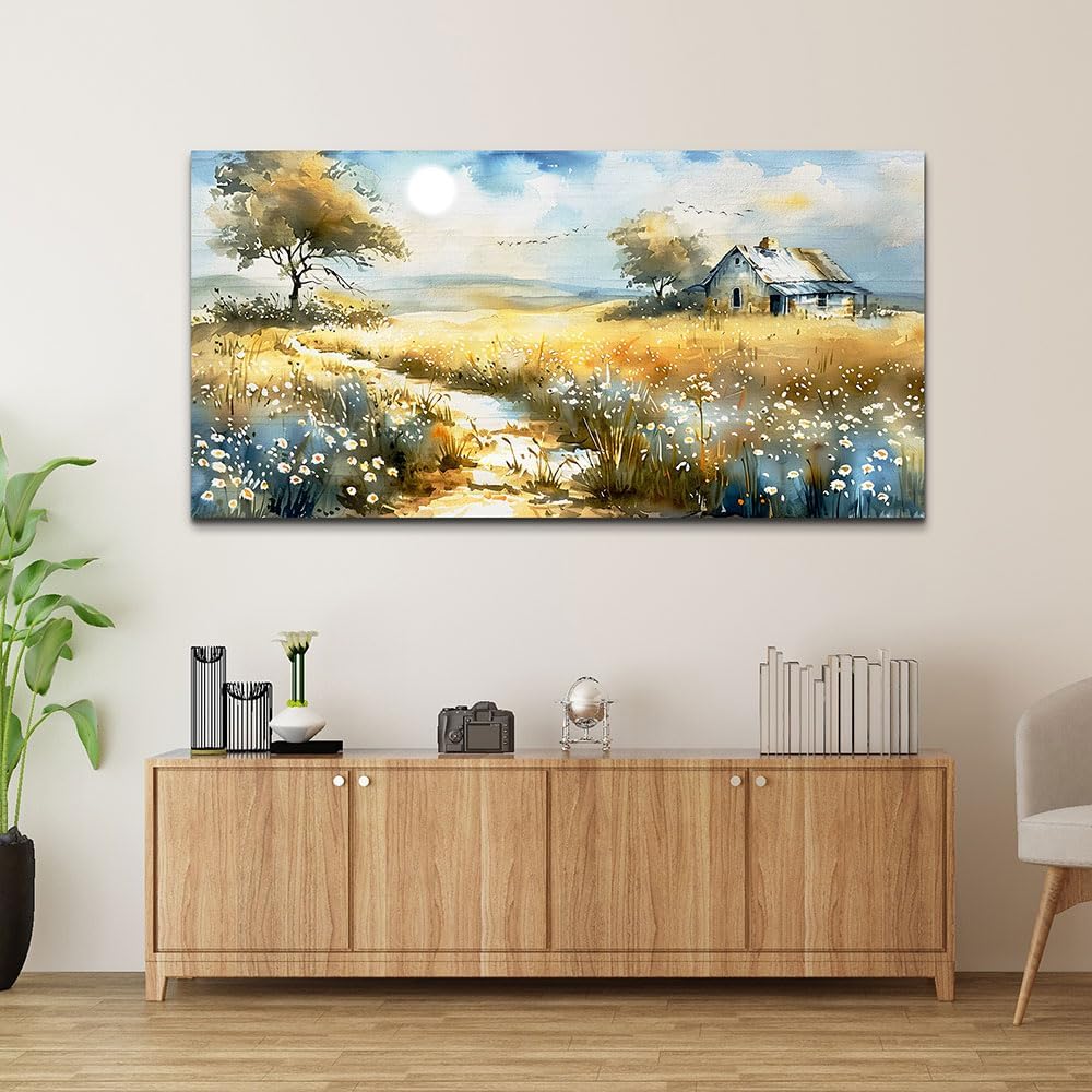 KELIYUAN Large Country Field Painter House Decorated Wildflower Field Landscape Painting Living Room Decorated Wall Art Modern Print Canvas Farmhouse Office Bedroom Wall Decorated 30 X 60 Inches