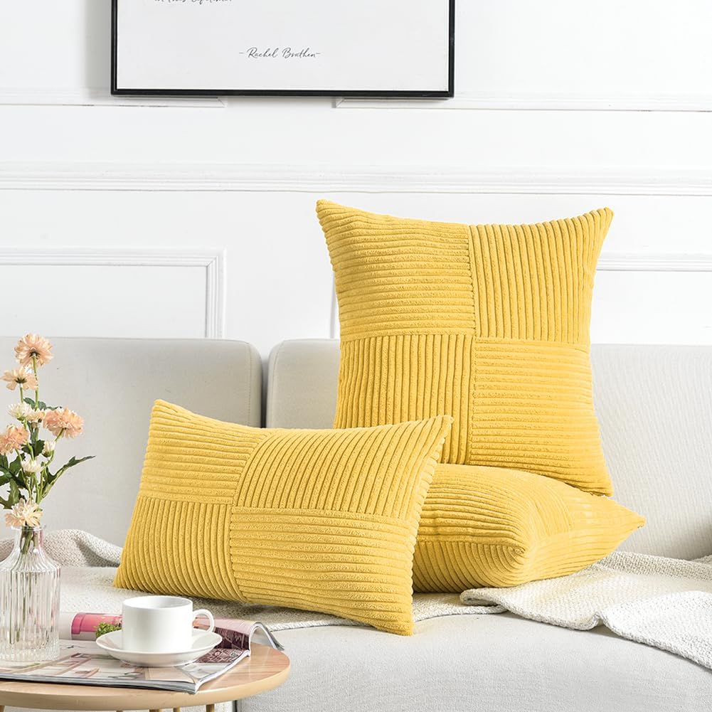 Fancy Homi 2 Packs Yellow Lumbar Decorative Throw Pillow Covers 12x20 Inch for Living Room Couch Bed Sofa, Farmhouse Boho Home Decor, Soft Striped Corduroy Rectangle Accent Cushion Case 30x50 cm