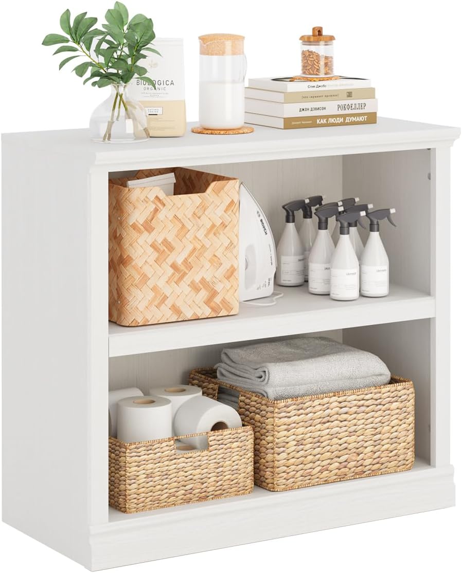 30" Bookcase, White Floor Standing Bookshelf, 2-Tier Display Shelves Open Storage Organizer, Book Case for Living Room Hallway Kitchen Home Office Bedroom, White 2 Tiers