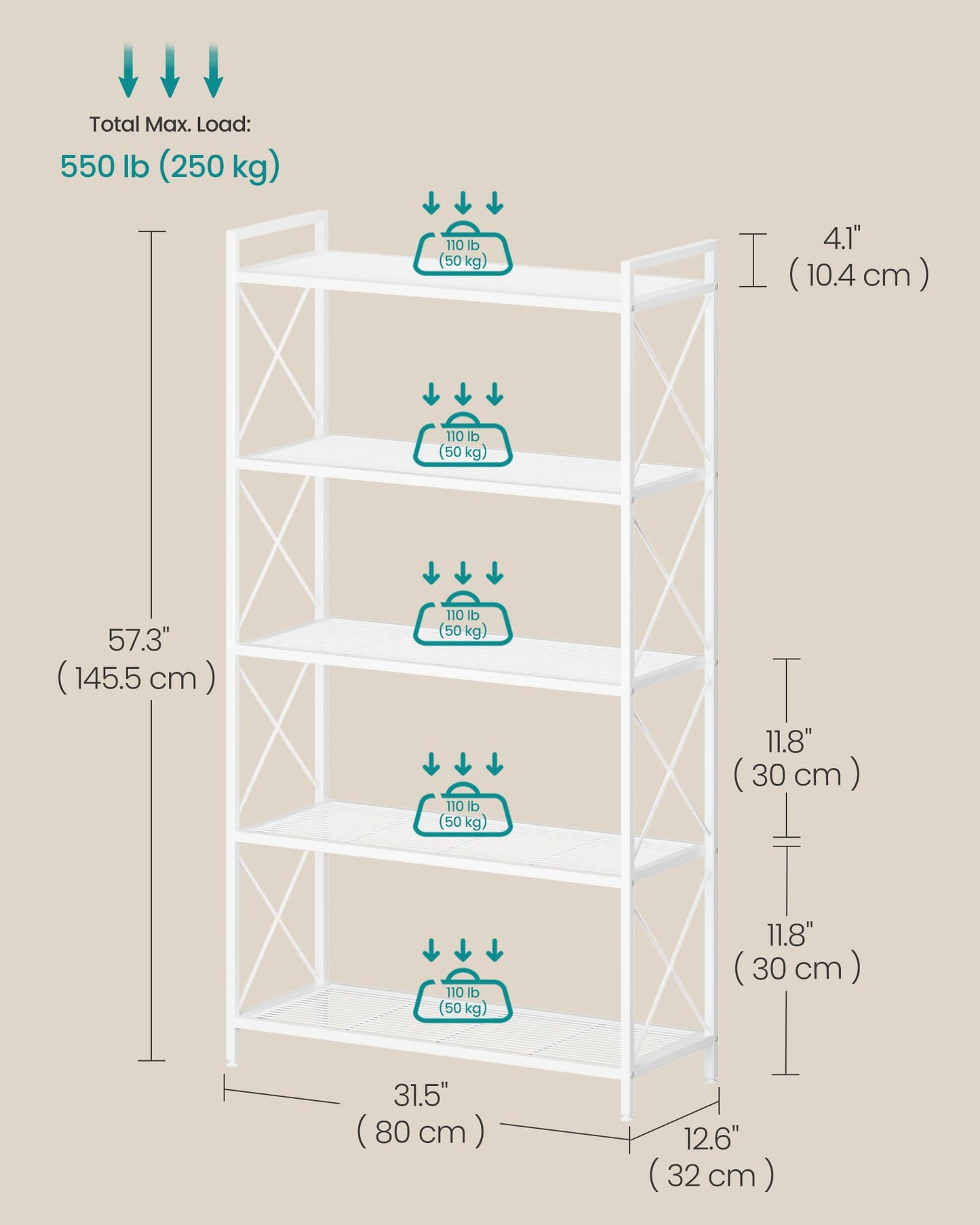 SONGMICS 5-Tier Metal Storage Rack, Shelving Unit with X Side Frames