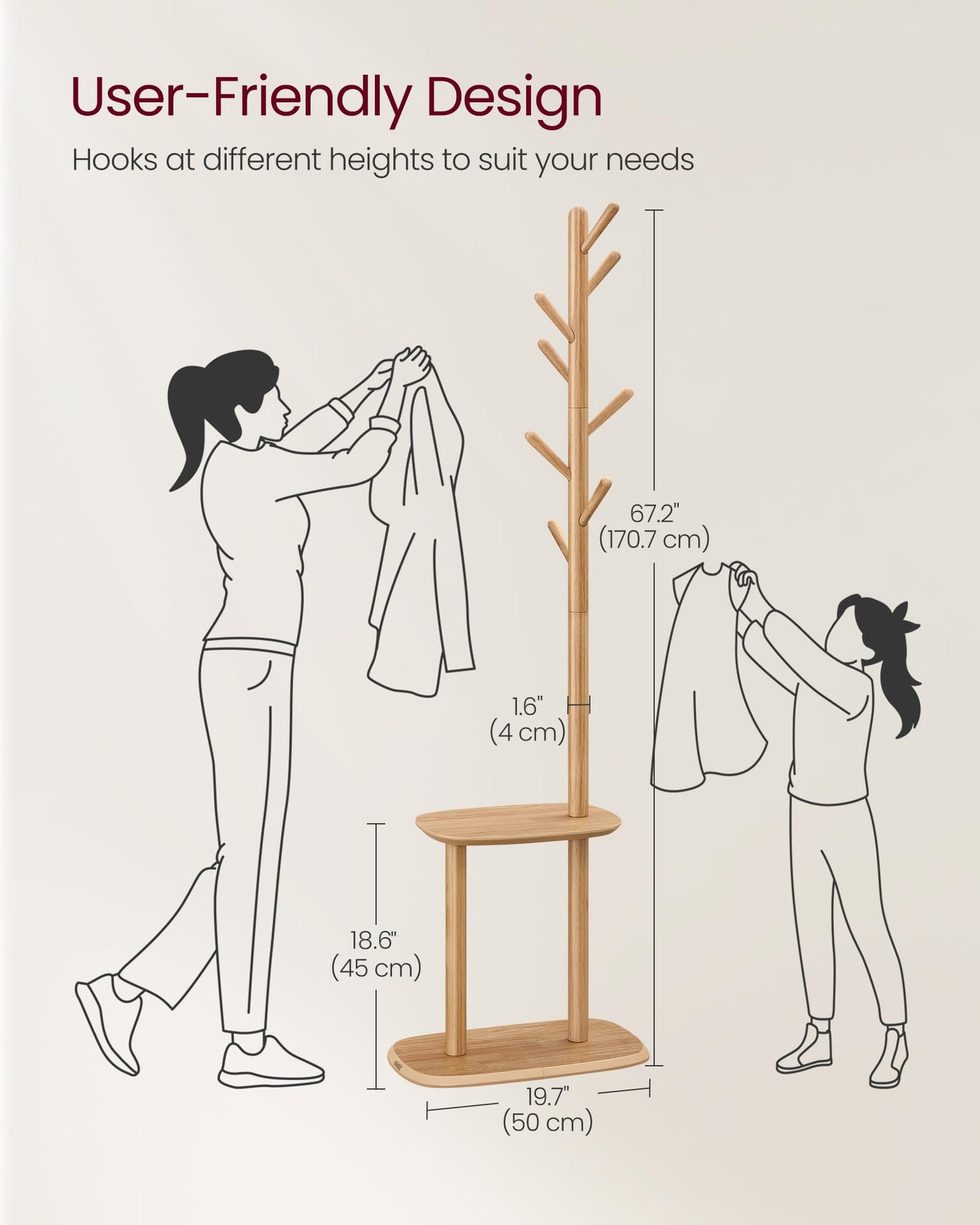 VASAGLE Coat Rack, Free Standing Coat Stand, Hall Coat Tree with 8 Hooks and Storage Shelf, 67.2