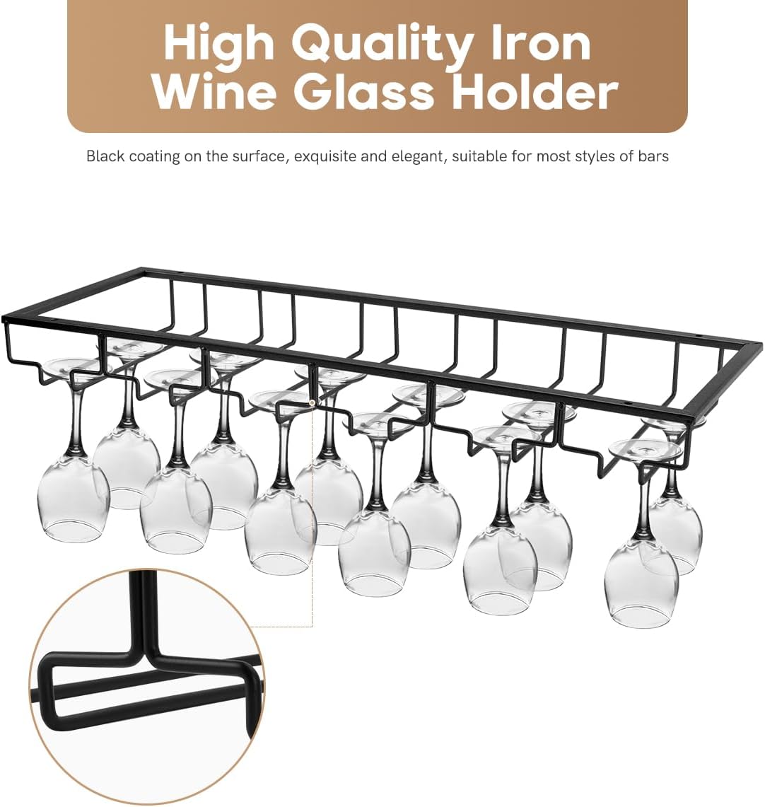 Xverycan Wine Glass Rack Under Cabinet, 6 Row Extreme Large Stemware Hanger, Metal Wine Goblet Holder, DIY Bar Glass Storage Rack for Bar Counter, Kitchen, Screws Included (Black)