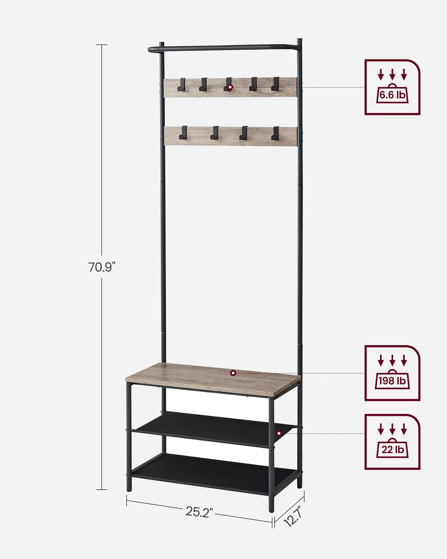 VASAGLE Hall Tree with Bench and Shoe Storage, Entryway Bench with Coat Rack Stand and Shoe Rack, 9