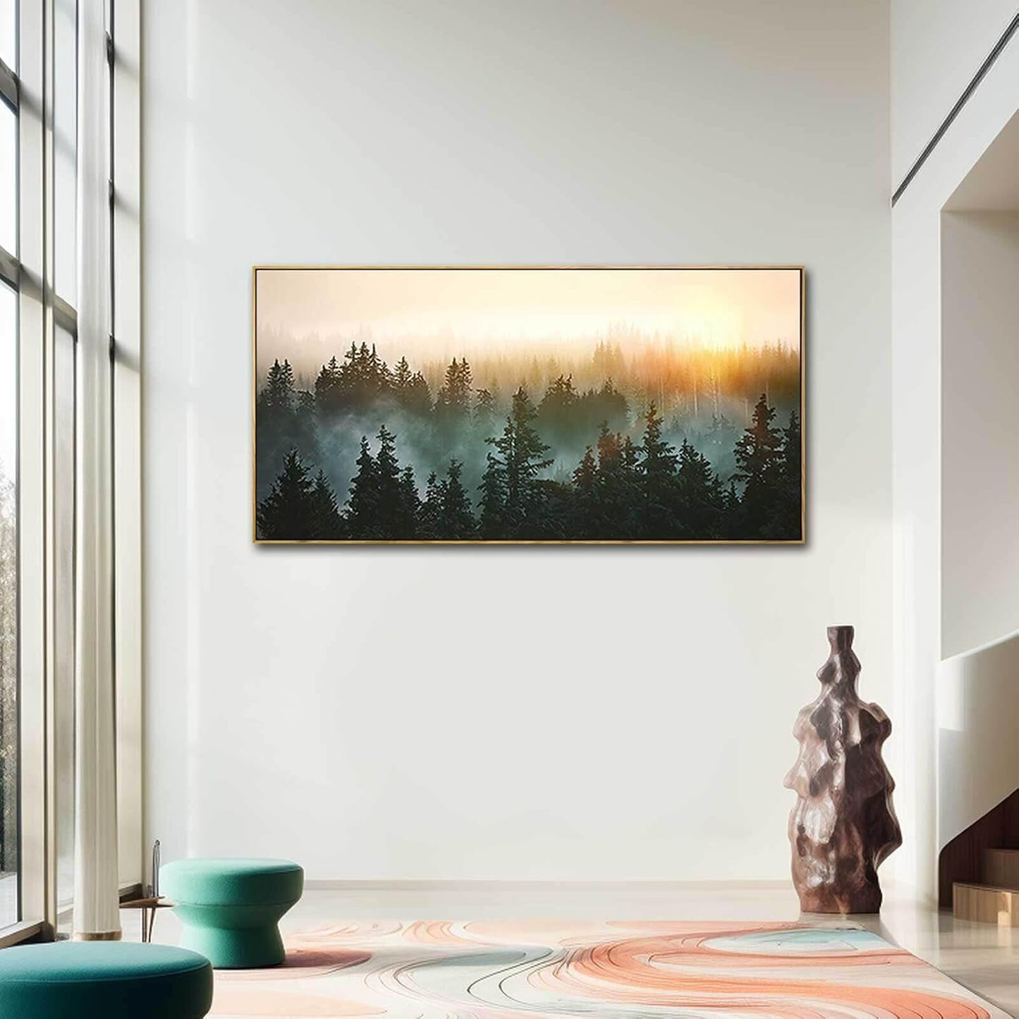 Living Room Wall Art Sunrise Misty Forest 24"x48" Modern Home Wall Decor Plants Wall Decorations Framed Artwork for Bedroom Dining Room Office Hotel