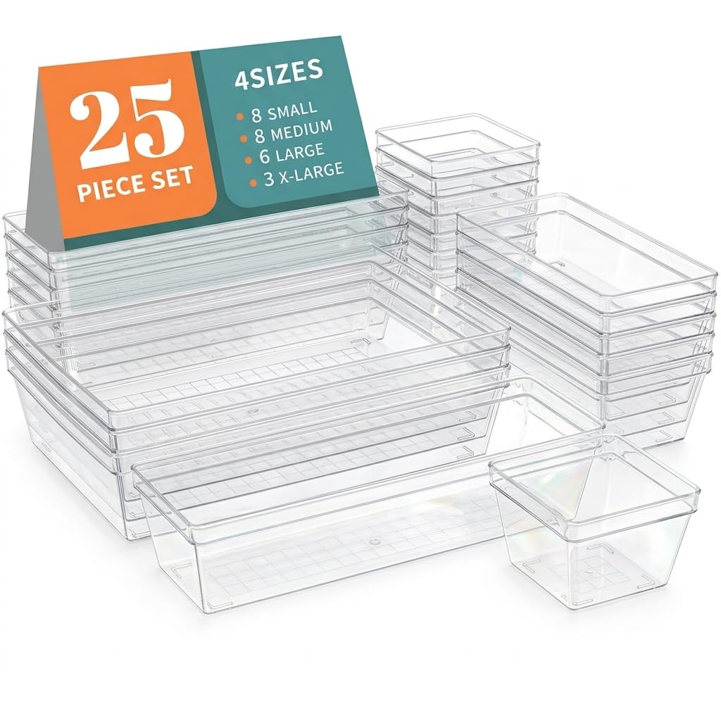 Sodynee Clear Plastic Drawer Organizer Storage - 25Pcs 4 Size Desk Bathroom Kitchen Organizers and