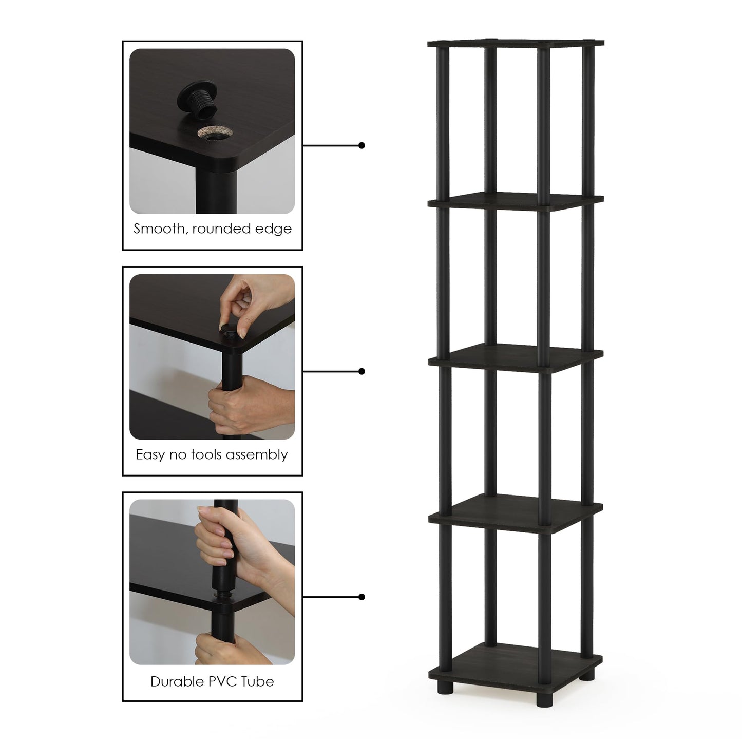 FURINNO Turn-N-Tube 5-Tier Corner Square Rack Display Shelf, Round, Espresso/Black