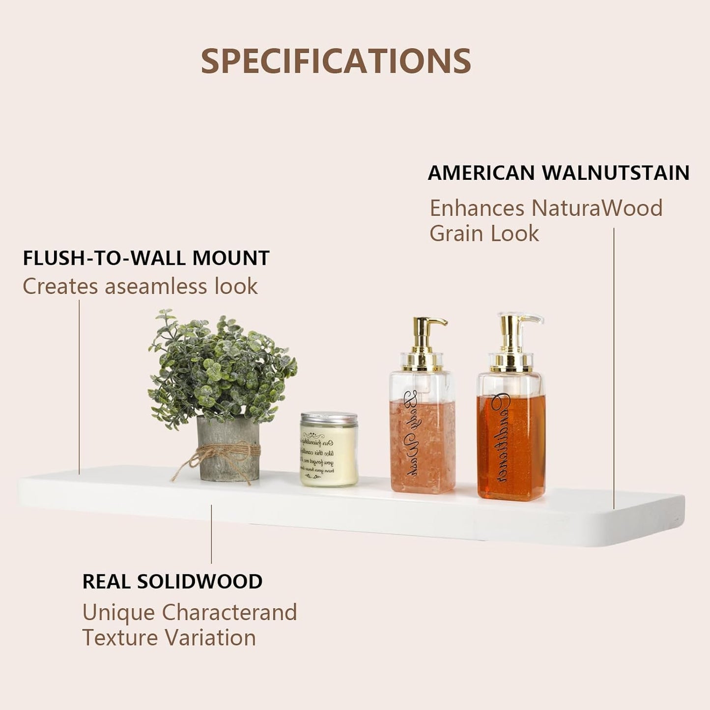 Solid Wood Floating Shelves Set of 2 - Natural, Warp & Crack Resistant 17.72 Inch Wall Shelf with Invisible Brackets Thicker, More Durable for Bathroom, Bedroom, Kitchen, Living Room (White, 17.72)