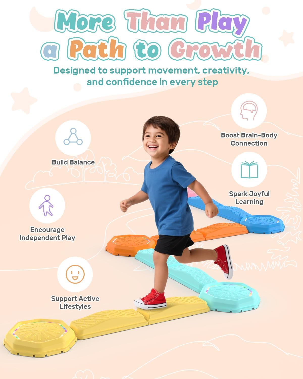 Holyton Music Light Up Balance Beam and Toddler Stepping Stones 13 Pieces, Non-Slip Plastic Balance Stackable Stepping Stones for Kids, Sensory Toys for Toddlers, Indoor or Outdoor Play, Easy Storage