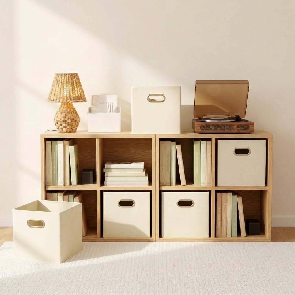 Fabric Storage Bins 6 Piece Set, Strong Poly-Woven Fabric, Sturdy Chipboard Sides, Grommet Front