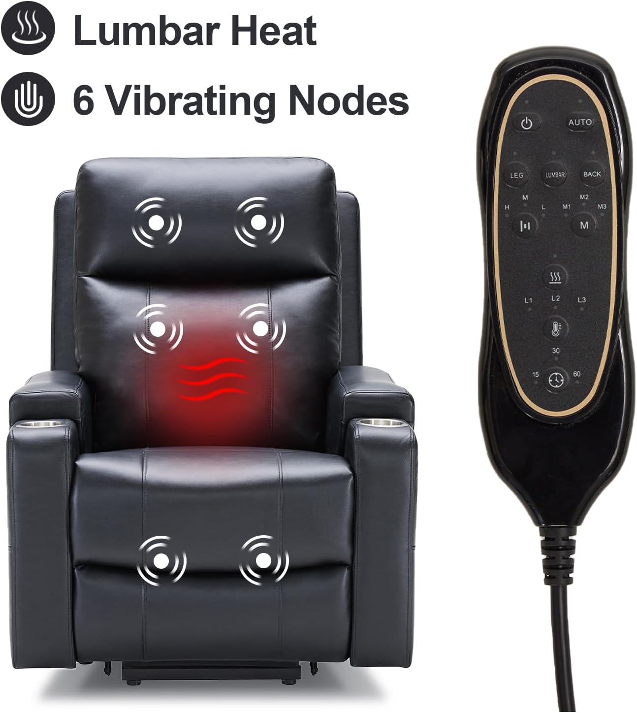 Triple Motor Power Lift Recliner Chair with Adjustable Lumbar Support, Lay Flat Recliner for Elderly, Breathable Black Lift Chair Leather Recliner, Massage & Heating, USB Ports, Cup Holders