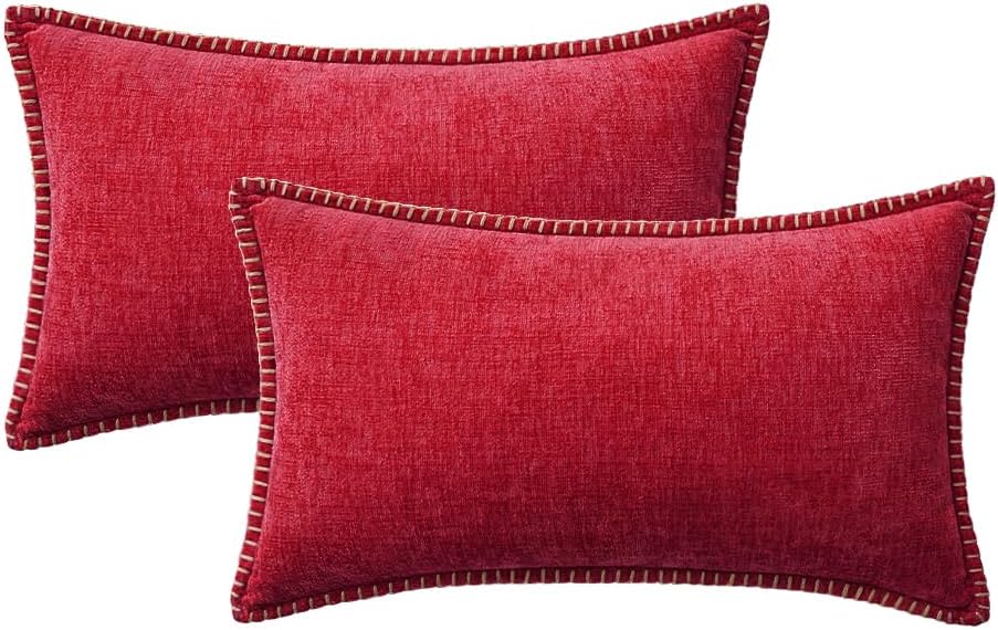MIULEE Pack of 2 Christmas Pillow Covers 12x20 Inch Red Farmhouse Decorative Throw Pillow Covers with Stitched Edge Soft Chenille Solid Dyed Couch Pillow Covers for Sofa Bed Living Room