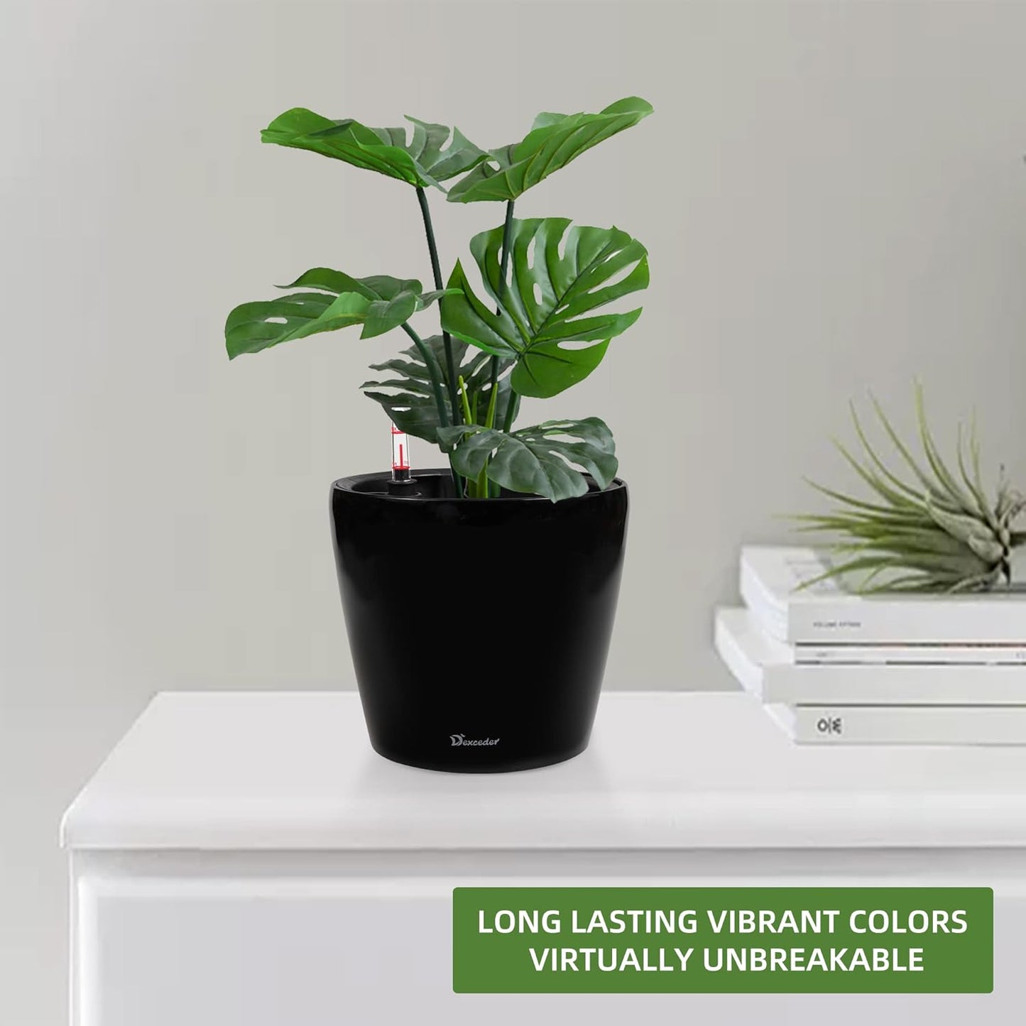Dexceder 11x10 Inches High Gloss Self Watering Planter Indoor Outdoor, Inner Pot Design, Thickened Table Flower Plant Pot with Water Level Indicator (Black)