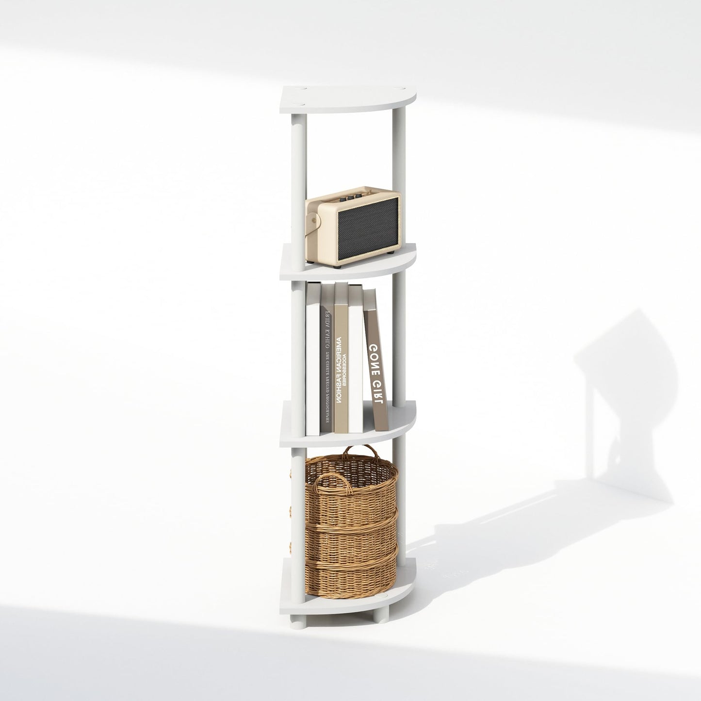 Furinno Turn-N-Tube Corner Shelf, 4-Tier Corner Bookshelf, White