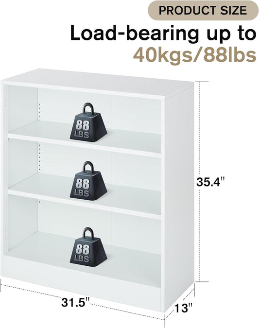 3-Tier Bookshelf with Adjustable Shelves, White Metal Space Saving Storage Shelf Bookcase, Small Open Storage Shelf for Living Room, Home Office, Dinning Room, Pantry (White-36H)