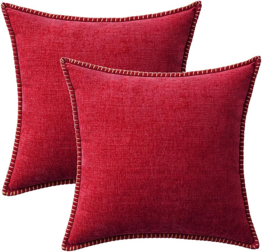 MIULEE Pack of 2 Christmas Pillow Covers 18x18 Inch Red Farmhouse Decorative Throw Pillow Covers with Stitched Edge Soft Chenille Solid Dyed Couch Pillow Covers for Sofa Bed Living Room