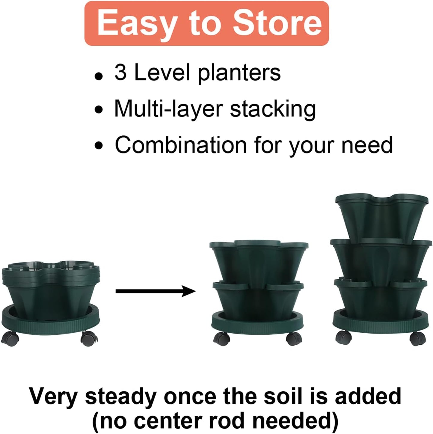 DUNCHATY Stackable Planter, Vertical Garden Planter with Wheels and Tools, Self Watering Strawberry Planter Indoor/Outdoor 3 Tier Herb Planter Pots for Growing Vegetables and Succulents,Pine Green