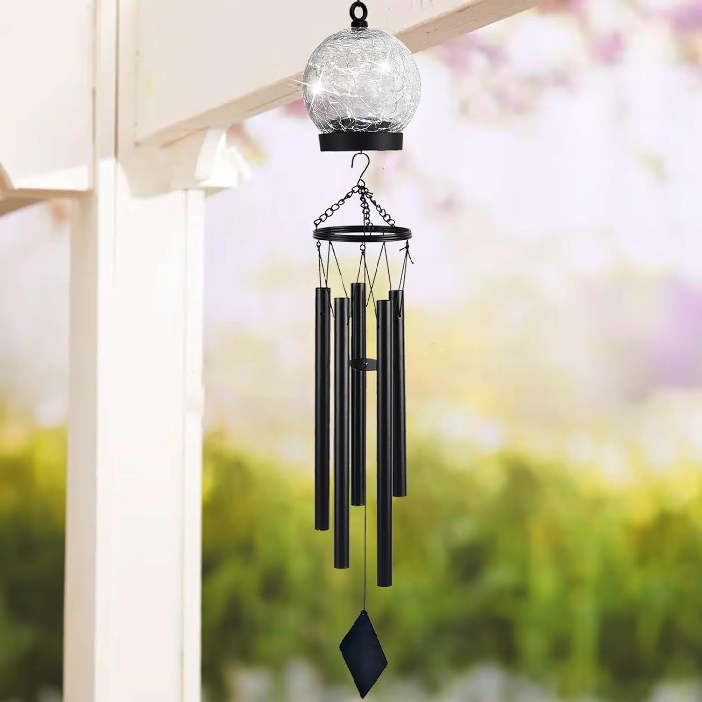 Wind Chimes Outdoor Solar Lights, 42 Inch Large Sympathy Chime 15 Cool White LEDs Crackled Glass Ball Birthday Gifts for Women Decorative Hanging in Garden, Yard, Patio, Landscape