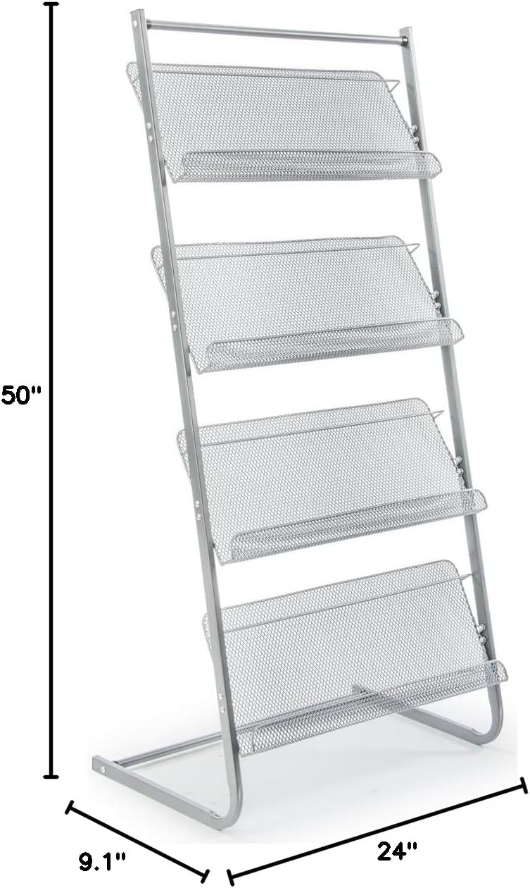 Displays2go Magazine Rack for Offices, Stores or Retail, (4) Mesh Shelves, 23.5" x 9" Trays, 50" H (Silver Steel)