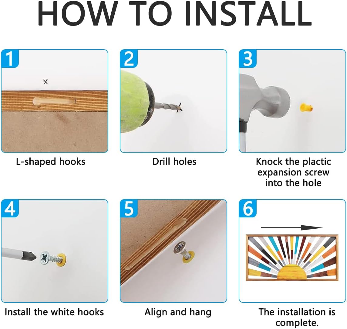 IARTTOP Large Boho Sun Wall Art Framed Wooden Art Wall Decor Rainbow Sun Rising On The Horizon Geometric Line Sunshine Wall Art for Living Room Bedroom Office 16"x32"