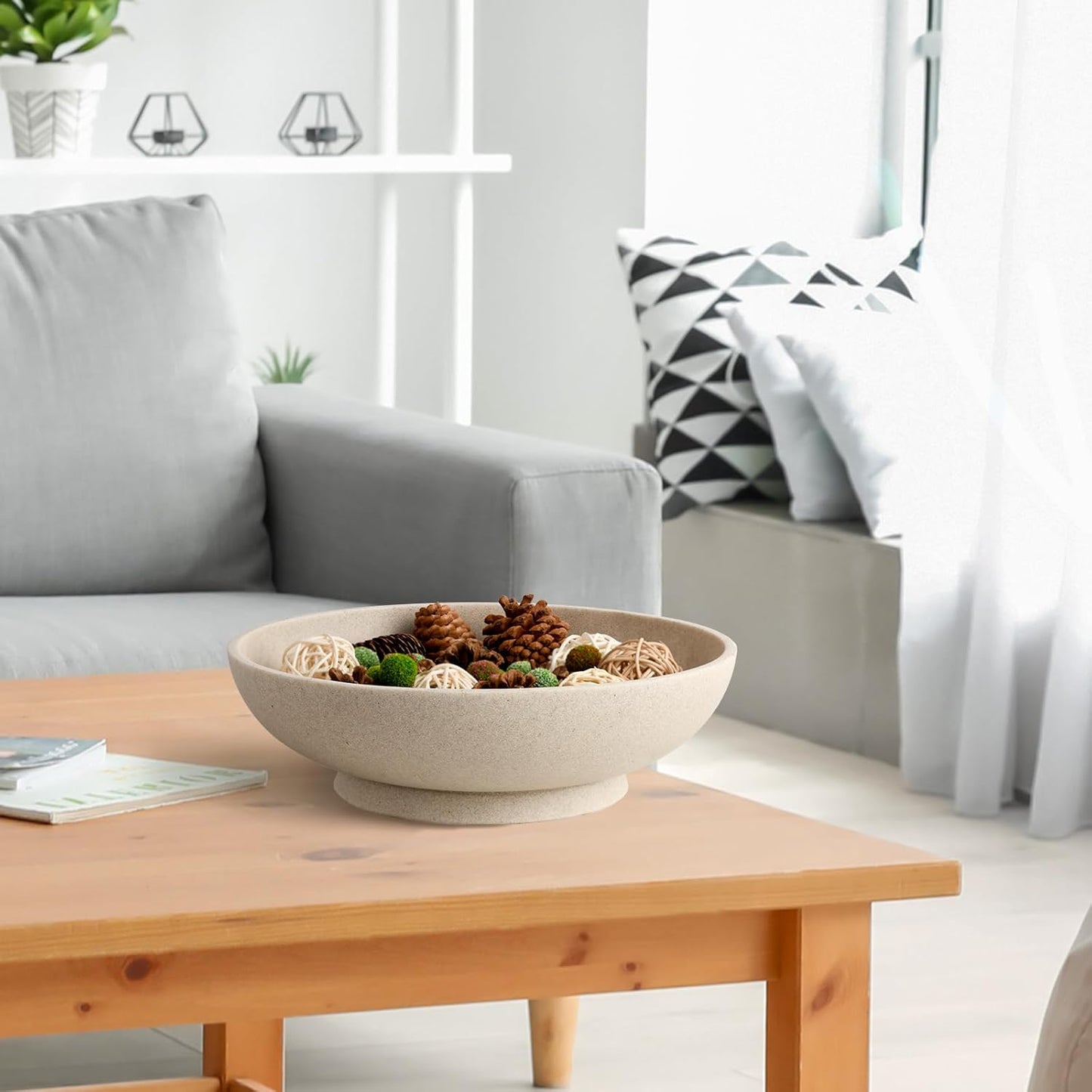 Large Decorative Bowl,Modern Fruit Bowl for Kitchen Counter,Handicraft Decorative Bowls for Home Decor,Stylish Key Bowl for Entry Table - Artificial Stone Beige