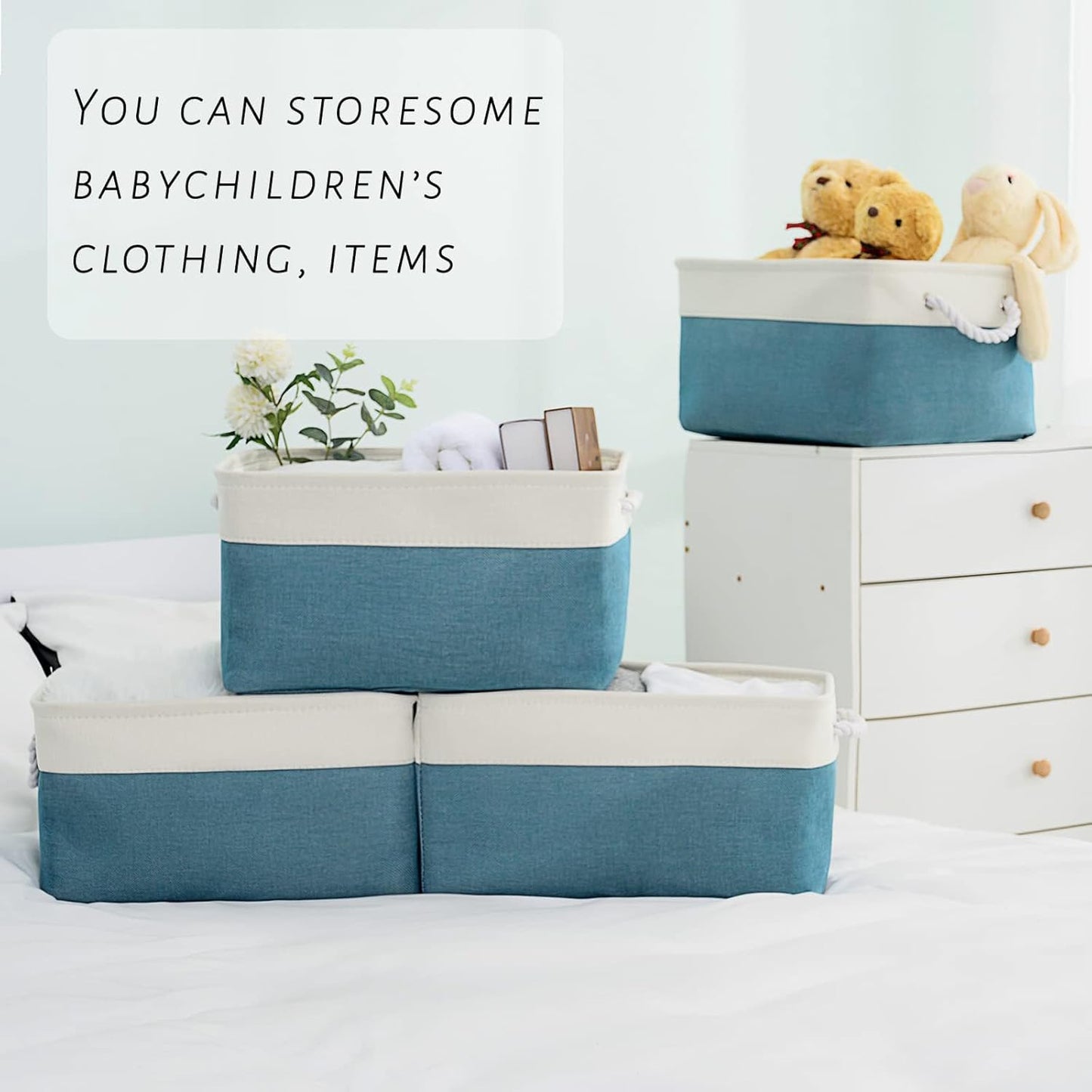 TcaFmac Storage Basket for Organizing - Large 4 Pack Fabric Storage Bins Baskets for Shelves with Ropes, Collapsible Storage Cubes for Closet Toy (White & Green16x12x8 inch)