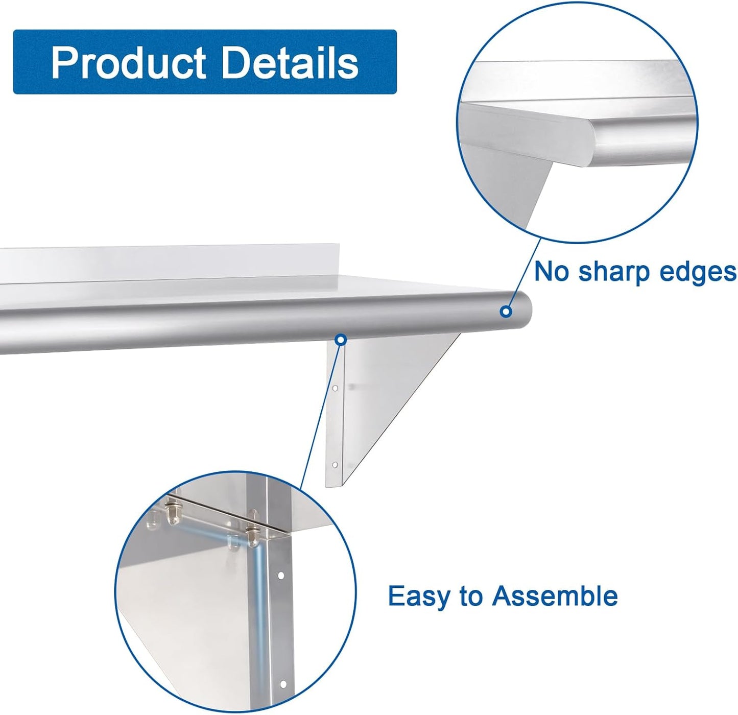 HARDURA Stainless Steel Shelf 18" x 48", 385lb Commercial Shelves Wall Mount Metal Shelving with Backsplash and Brackets for Kitchen, Restaurant, Laundry Room and Home