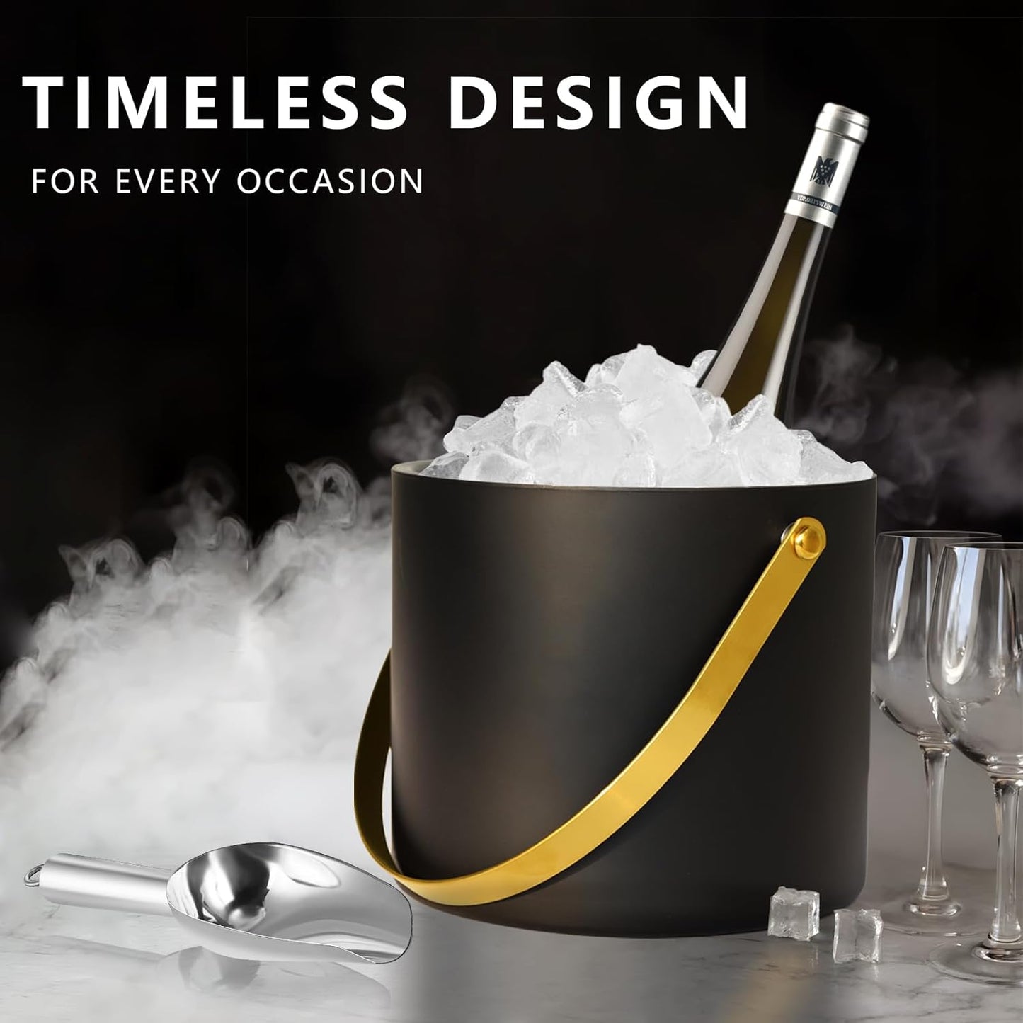 4L Ice Bucket with Silicone Lid, Scoop, Gold Tongs & Strainer, Stainless Steel Double Wall Insulated Ice Buckets for Parties & Cocktail Bar Outdoor Champagne Ice Container Bin, Black